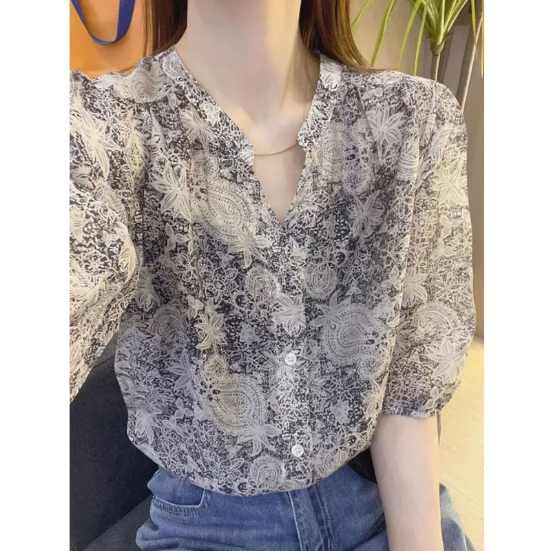 Damen y2k Vintage gedruckt elegante schicke Button-up-Shirt Sommer koreanische V-Ausschnitt Halbarm Bluse lässig lose Tops weibliche Blusas