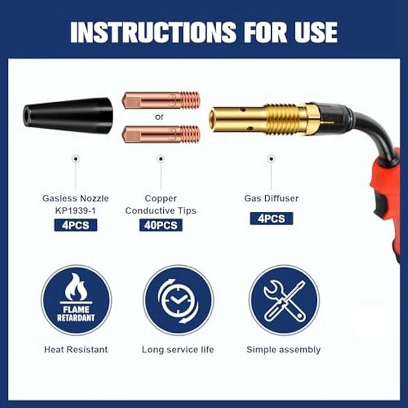 48Pcs Flux Core Gasless Nozzle Tips Kit KP1939-1 Flux Core Welder Mig Welder Contact Tips Gasless Nozzle Gas Diffusers Durable