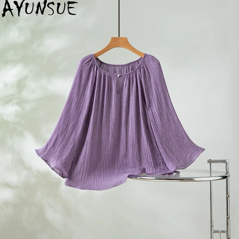 

AYUNSUE 100% Silk Woman Tops French Pleated O-neck Tops for Woman Loose Solid Long Sleeve Tops Casual Woman Clothes Ropa Mujer