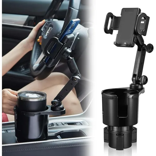 Soporte para teléfono con portavasos 2 en 1 ​ ​   – 360 °   Expansor de brazo largo giratorio para coche, soporte universal para teléfono inteligente para coche