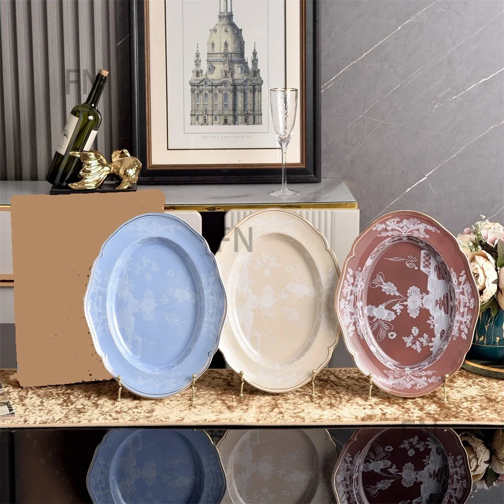 Italian Ceramic Fish Plate Elliptical Printed Kitchen Accessories Lace Plate Tableware Gift Box Blue Beige Coffee Color