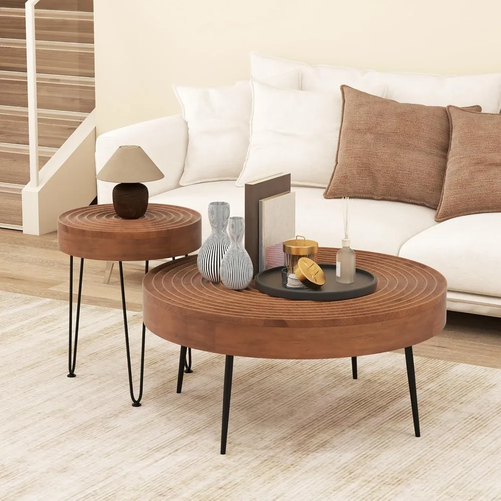 

Boho Round Coffee Table Set of 2, Sofa Side Nesting Table with Solid Pine Wood Top, Metal Legs & Adjustable Foot Pads, 3