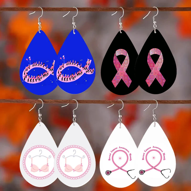 Somesoor1 Paar Creatieve Borstkankerzorgpatroon Oorbellen, Houten Kleine Waterdruppeloorbellen, Strikontwerp Druppelvormige Hanger