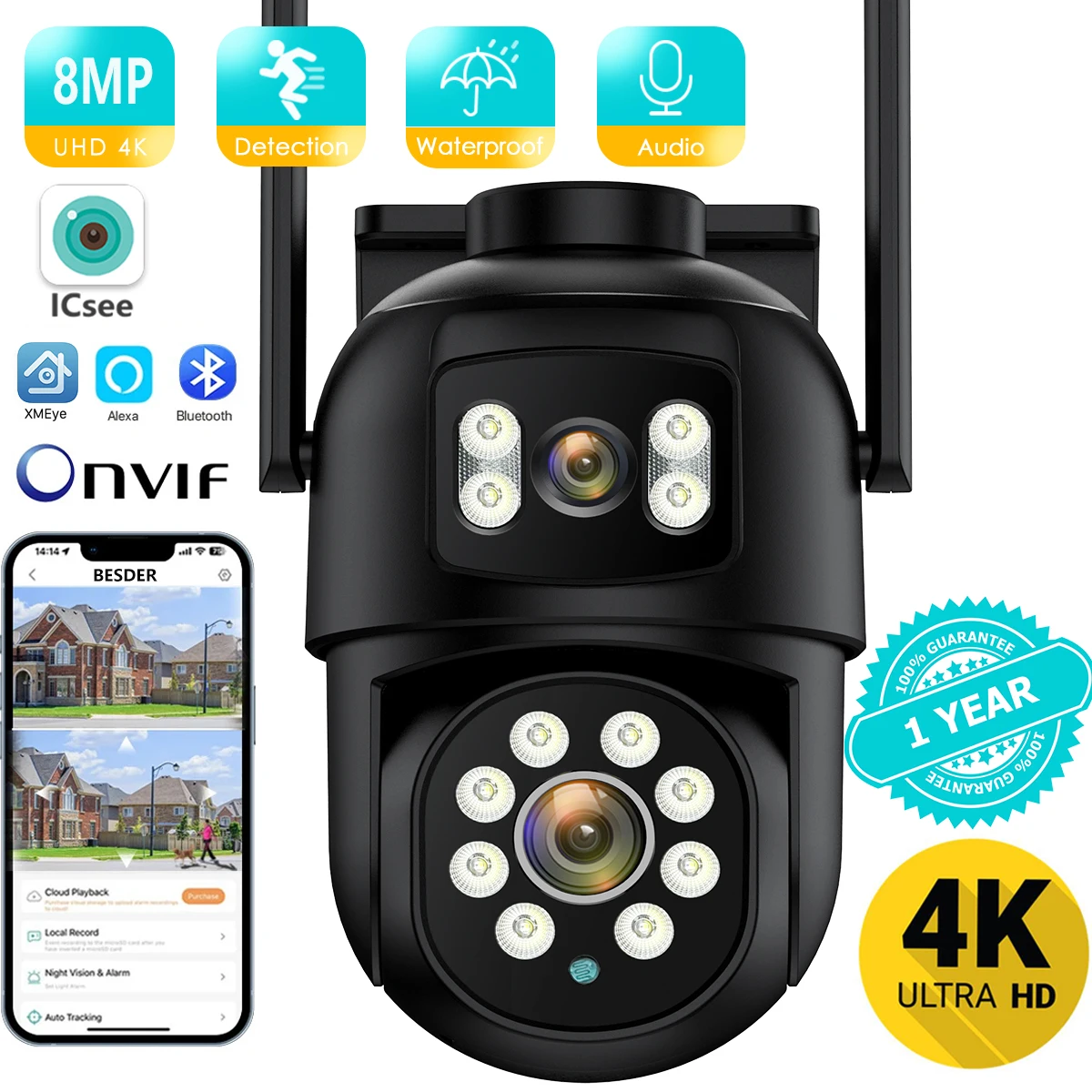 4K 8MP PTZ WIFI Camera Dual Lens Dual Screen Outdoor 4MP Security Protection Auto Tracking P2P CCTV Surveillance IP Camera iCSee