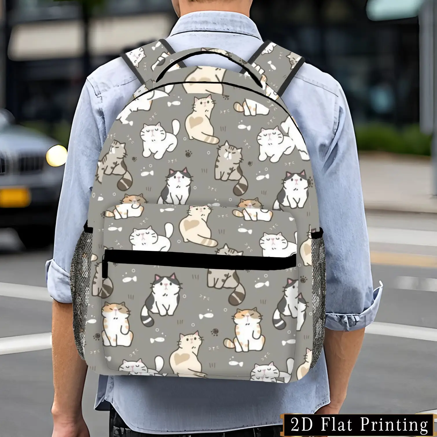 1pc Men's Cartoon Cat Backpack with Cat-Themed Print Stylish Gray Suitable for Commuting Gym Travel