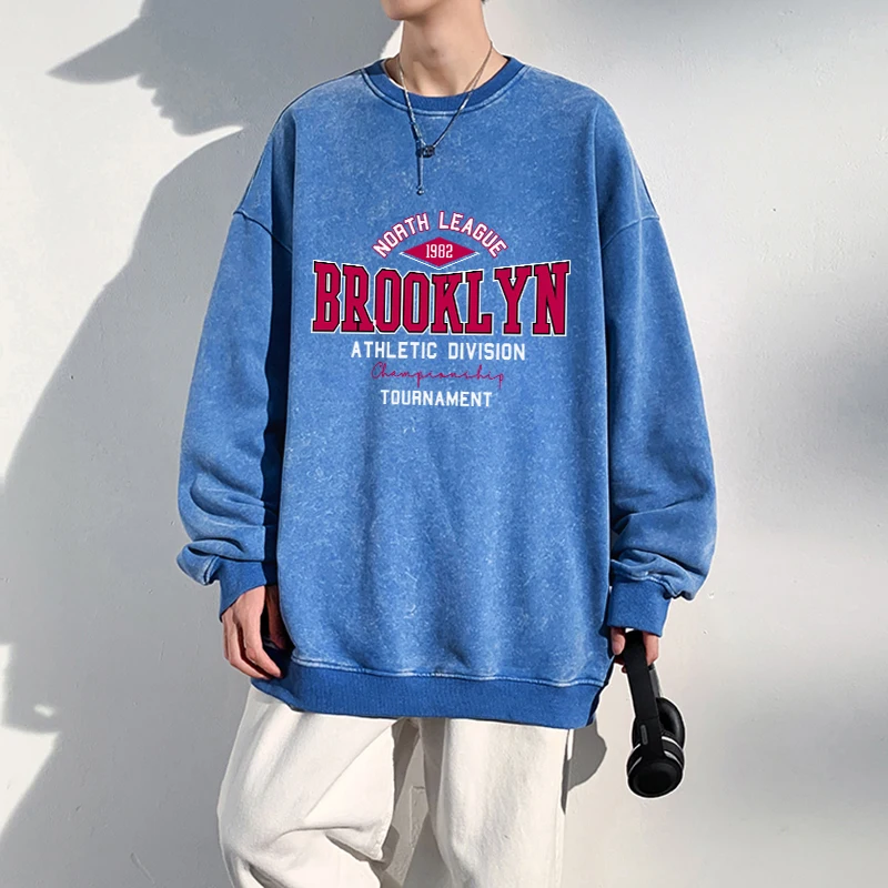 Oversize Men Acid Wash Hoodie North League 1982 Brooklyn Prints Sweatshirt Fashion Casual Cotton Pullover Vintage Couple Clothes