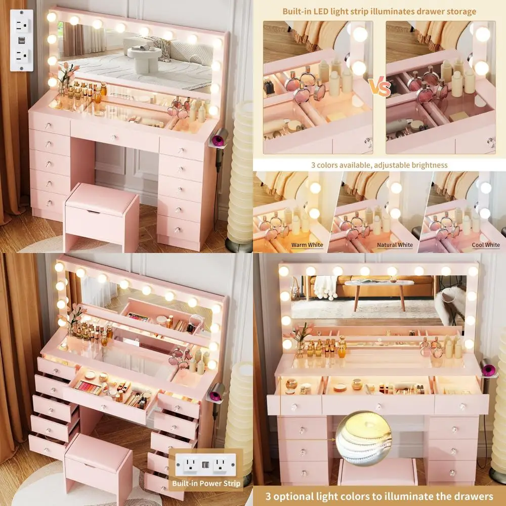 Illuminated Makeup Vanity Desk with Glass Top, 11 Drawers, and 3 Adjustable Lighting Modes