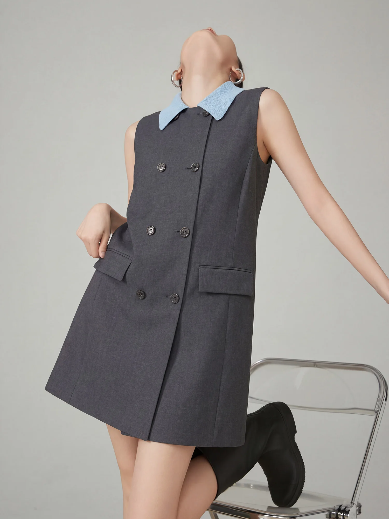 

Academy Style Color Block Design Collar Sleeveless Women's Dress Double Button Straight Tube Short Skirt Summer New Arrival