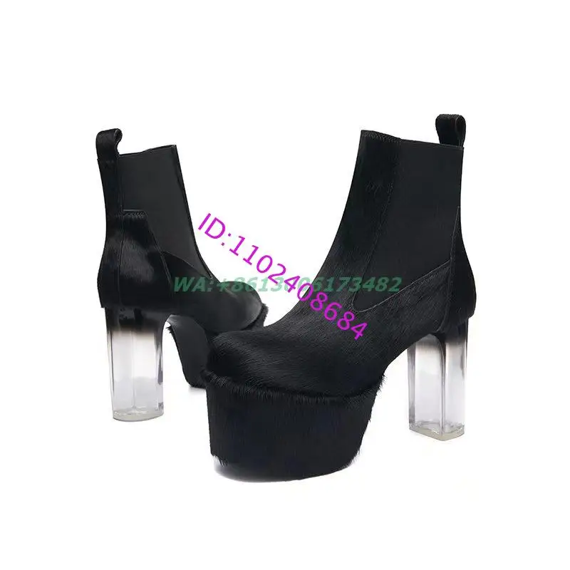 Women High Platform Horse Hair Boots Transparent Chunky Heel Square Toe Mid-Calf Buffed Leather Chelsea Ankle Boots Slip On 43