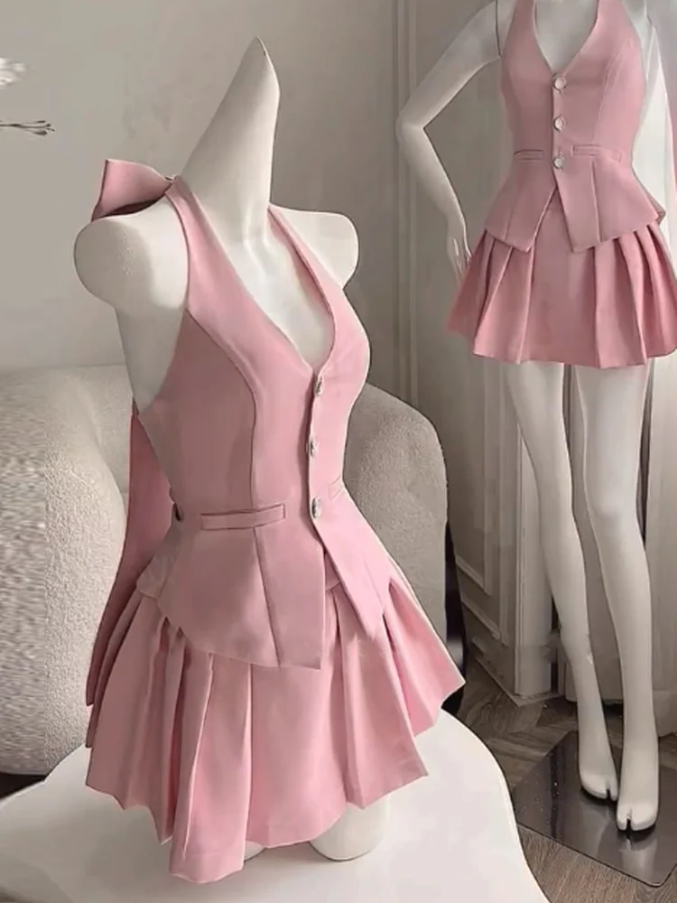 

Уникальный женский комплект из двух предметов: топ с завязками на шее и платье с эффектом высокого качества, модный летний ансамбль.