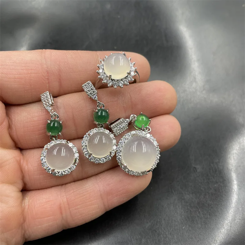 Cheap Jade Three-Piece Set of White Chalcedony Inlaid with Ice White Agate Pendant Earrings Ring Set