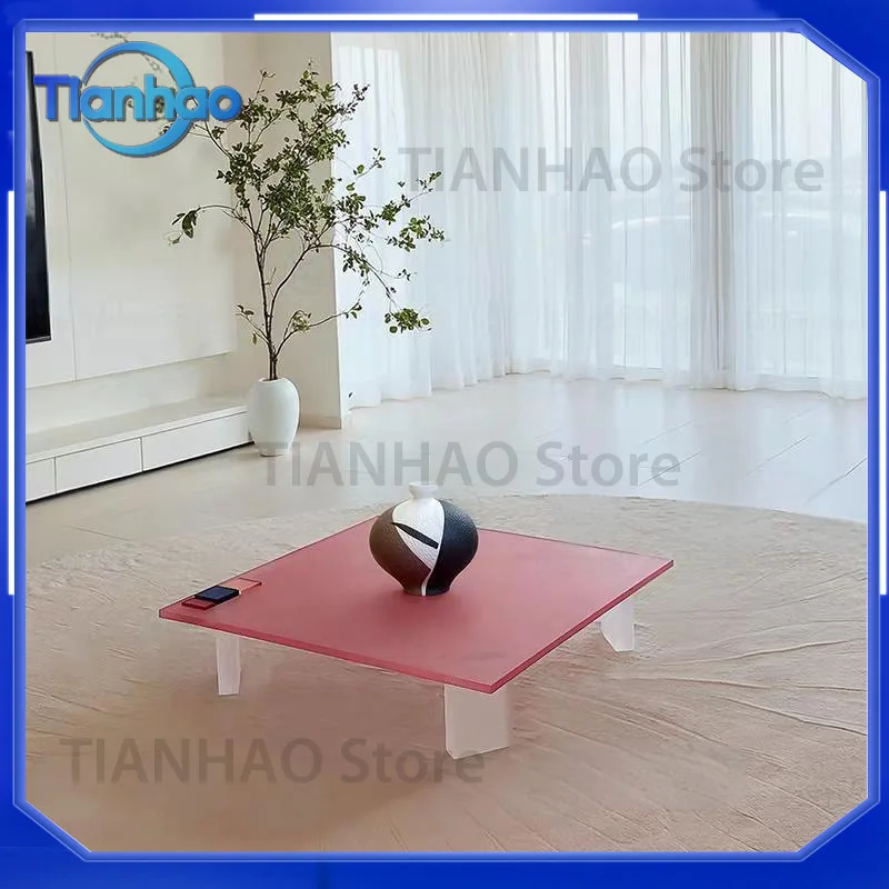 Matte Pink Acrylic Coffee Table for Modern Minimalist Living Room Square Colorful Designer Side Table Furniture