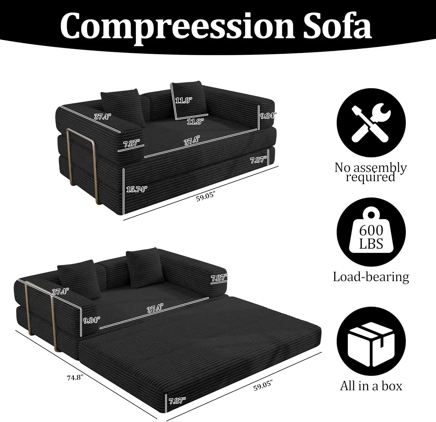 59 Inch Convertible Sofas Bed, 5-in-1 Futon Sofa Pull Out Sleeper Couch, Boneless Couches for Living Room, Corduroy Floor Compre