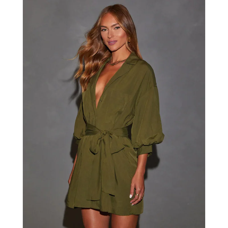 Robe chemise courte à lacets pour femmes européennes et américaines, mode automne, simple boutonnage, couleur unie, avec poches
