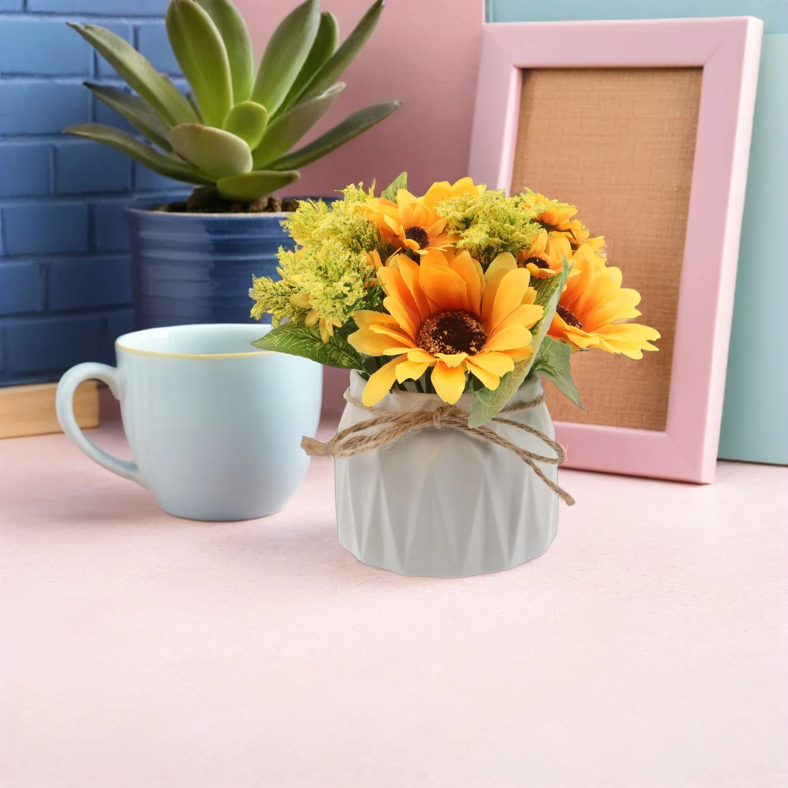 

Artificial Faux Sunflower Potted Plant Nordic Ceramic Vase Rustic Fake Flowers Table Decor Perfect for Farmhouse Decoration