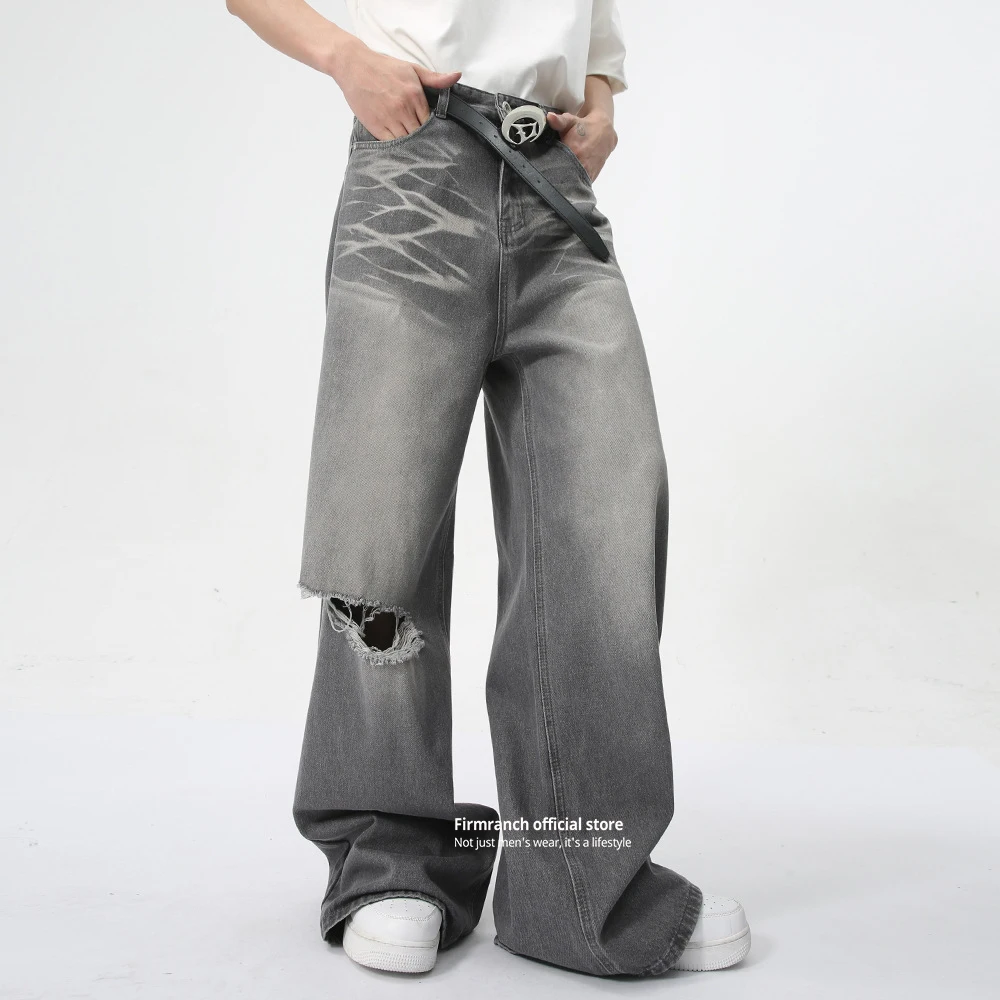 

Firmranch NEW 2024 Retro Grey Ripped Baggy Jeans For Men Women Flared Wide Leg Denim Pants High Street Mopping Length Trousers