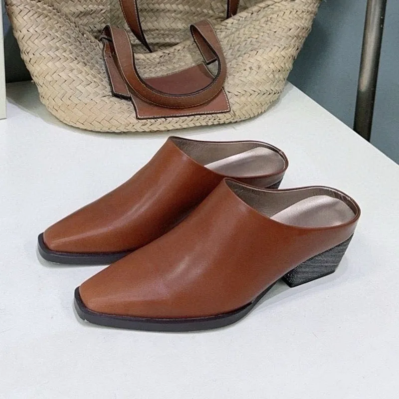 Half Slippers Chunky High Heels Slippers Women Real Leather Closed Toe Lazy Mules Spring Autumn Vacation Shoes Zapatos De Mujer
