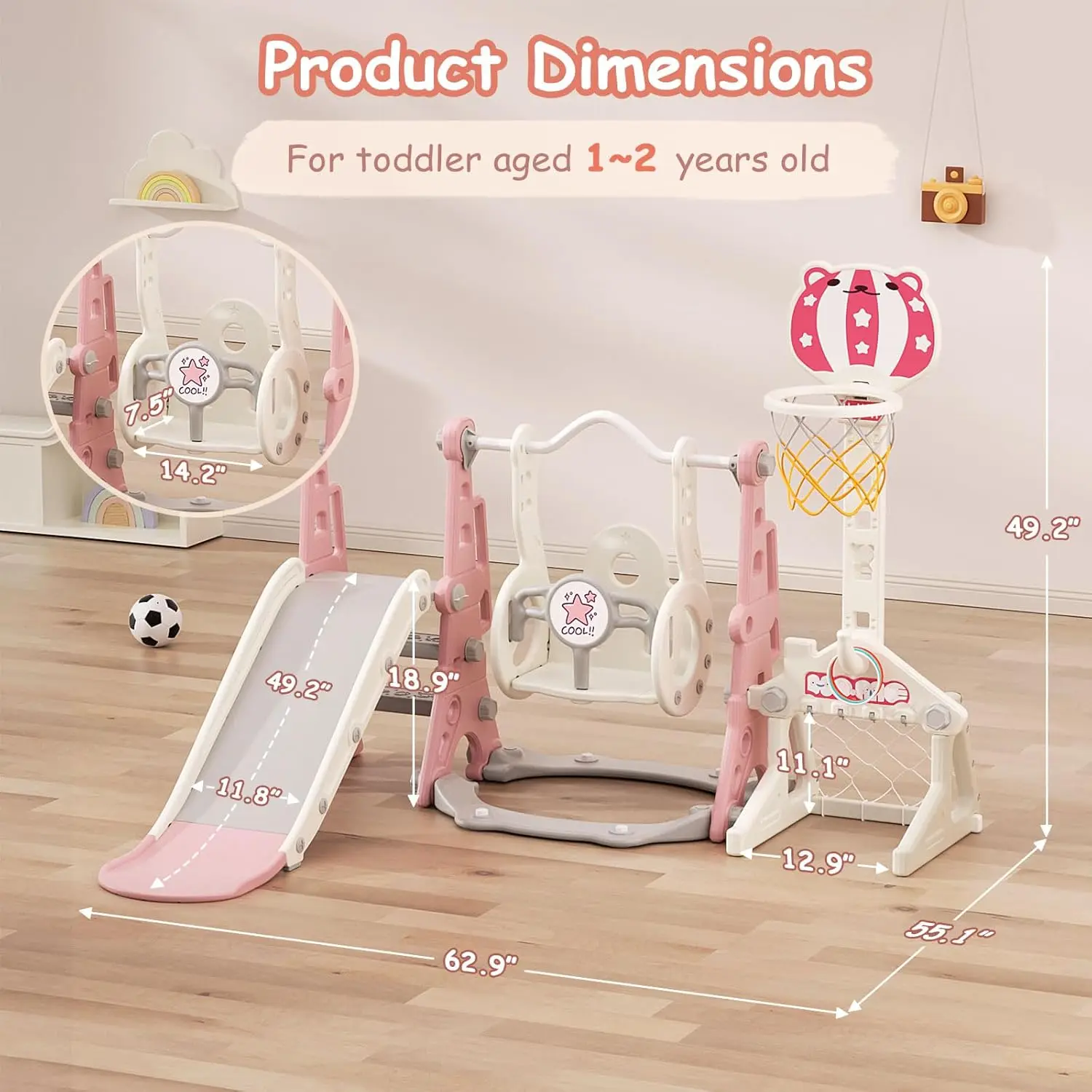 6-in-1 幼児用ブランコと滑り台セット、バスケットボール、サッカー、ゴルフゲーム付き、1～2歳向け、ピンクの屋内外プレイセット