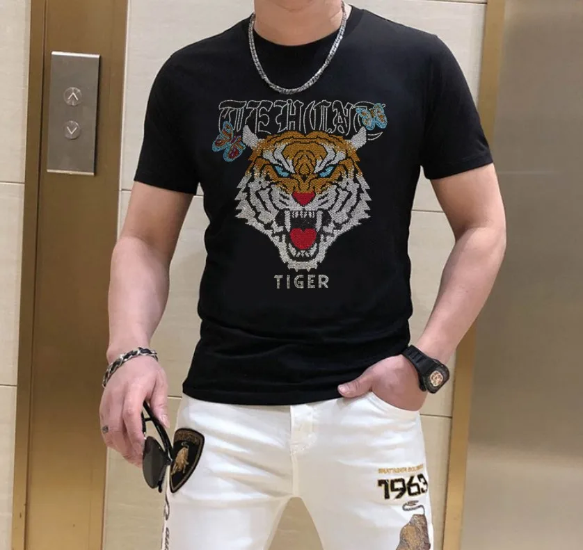 

Футболка со стразами 2025 года, мужская стильная футболка, модная повседневная уличная одежда, пуловер, футболки, новые мужские футболки, мужские