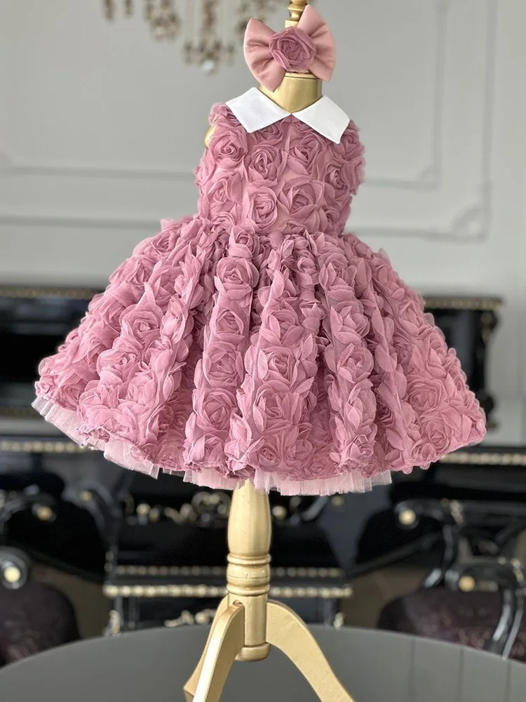 luxury Girls Princess Doll Collar Pink rose Children Bow tutu flower girls Wedding Gown Kids Dresses baby birthday Party Dress