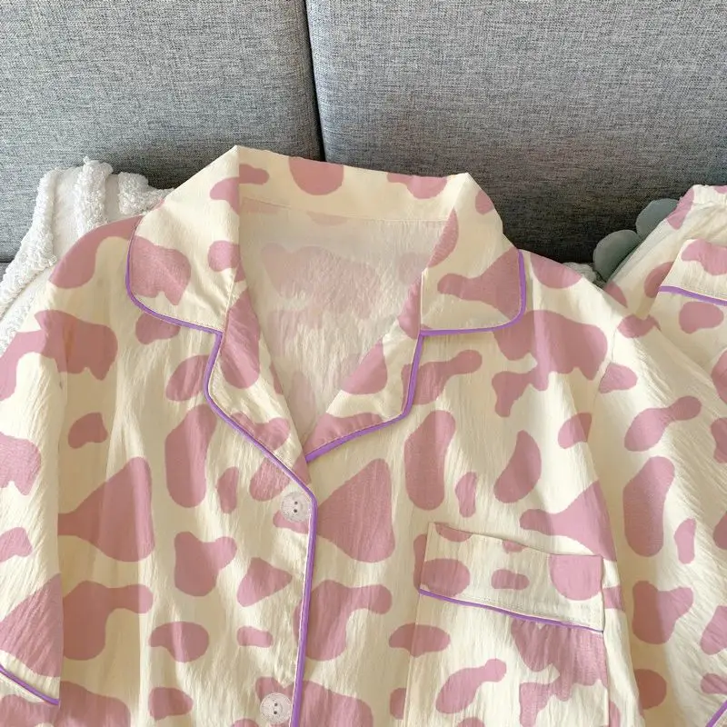 Women Pajama Set 3 Piece Short Sleeve Shorts Long Pants Sleepwear Lapel Collar Button Down Soft Cute Home Wear Print Pyjamas New