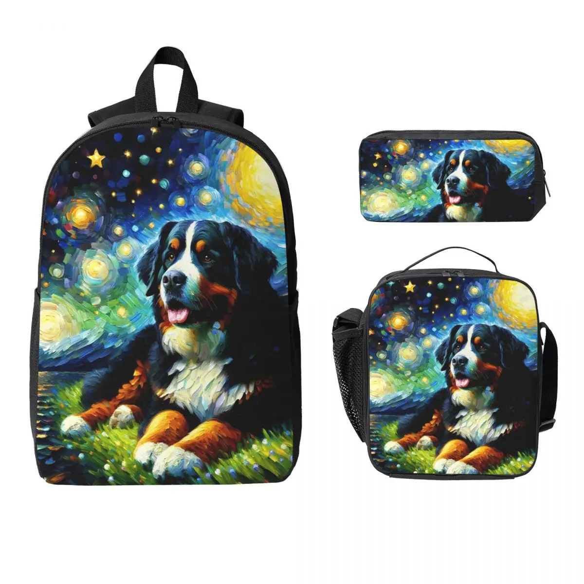 Starry Night Bernese Mountain Dog Van Gogh Lover Backpack Boys Girls BookBag School Bag 3ps Insulated Lunch Bag Pencil Case