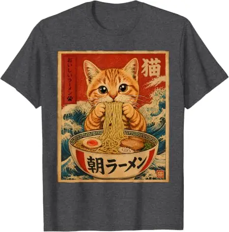 Lustiges Katzen-Ramen-Grafik Retro Japanisches Kawaii Anime Nudel T-Shirt Y2k Cartoon Weiches Baumwoll-T-Shirt für Frauen Männer Harajuku Tees – Detail 13