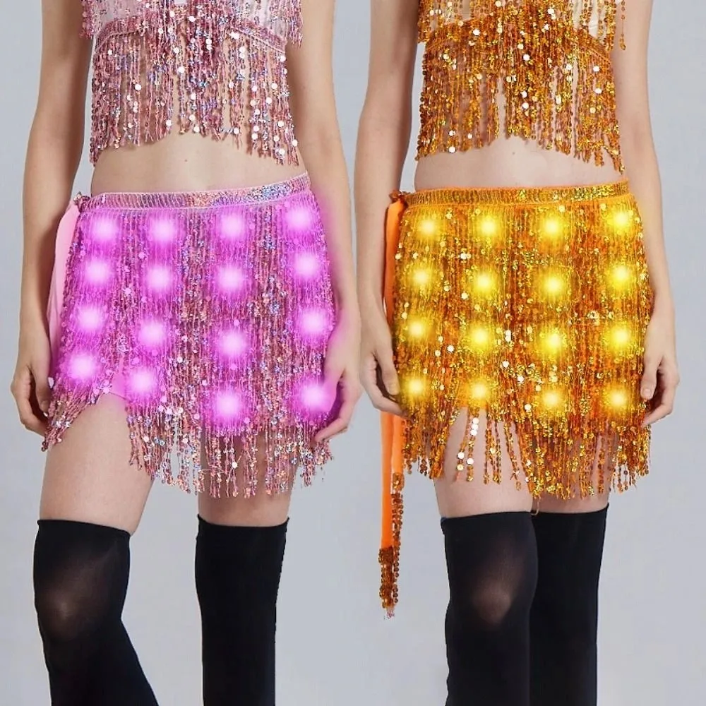 Belt Wrap Belly Dance Hip Scarf Shiny Lace-up Light Up Hip Scarf Star Fringe Night Club LED Sequin Tassel Skirts Festival