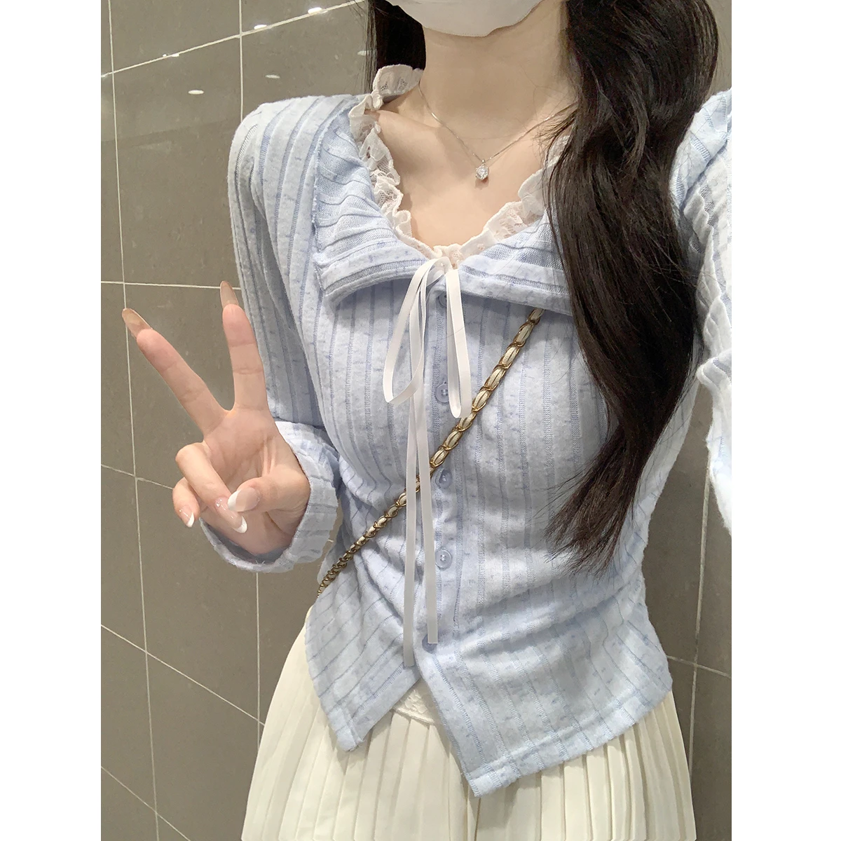Princess Style Long Sleeve T-Shirt Women's Base Shirt Top Lace  Knot Tie Dotted Strip Autumn New Arrival