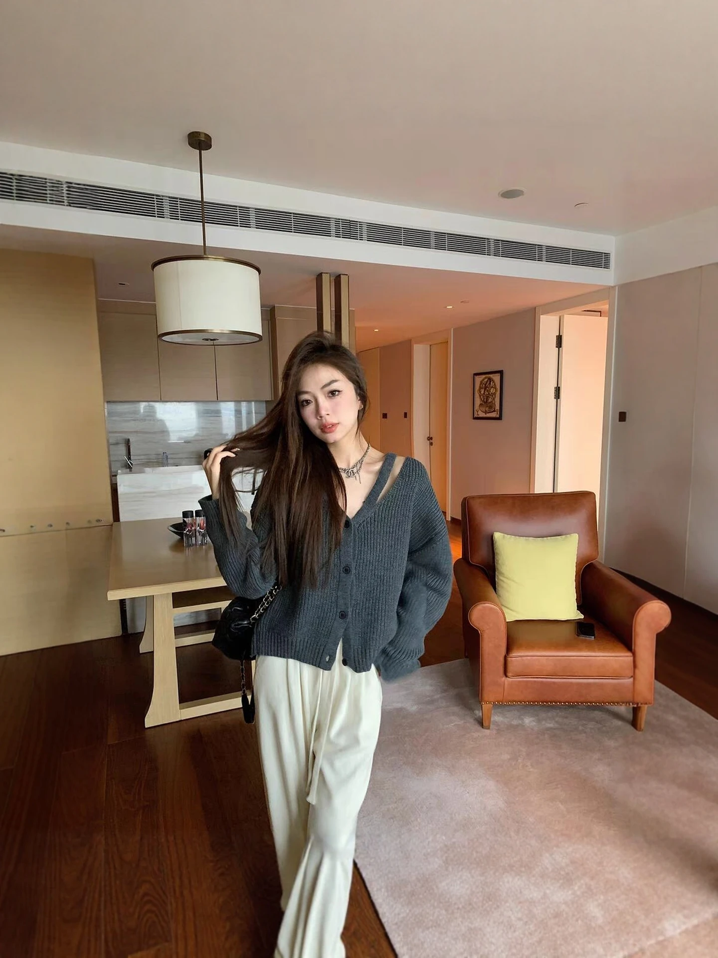 Loose Long Sleeve Knitted Shoulder Bared Sweater Cardigan Women's Autumn Fashion Korean Style Casual Versatile Simple Knitwear