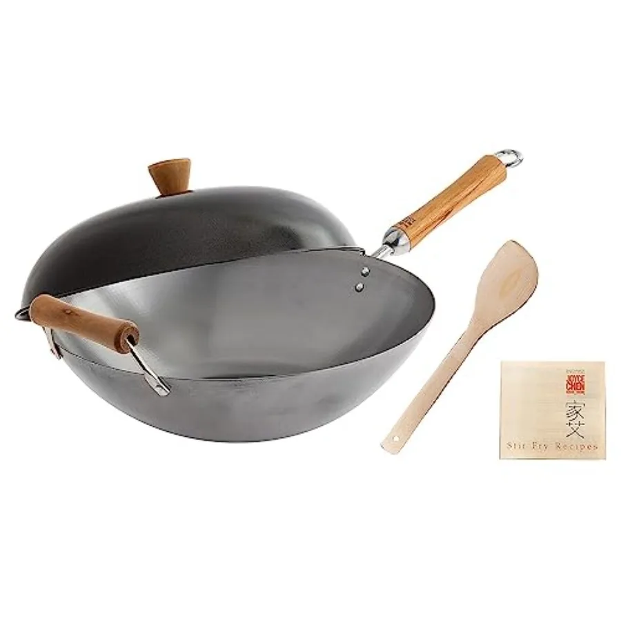 

Classic Series 14-Inch Uncoated Carbon Steel Wok Set with Lid and Birch Handles, 4 Pieces