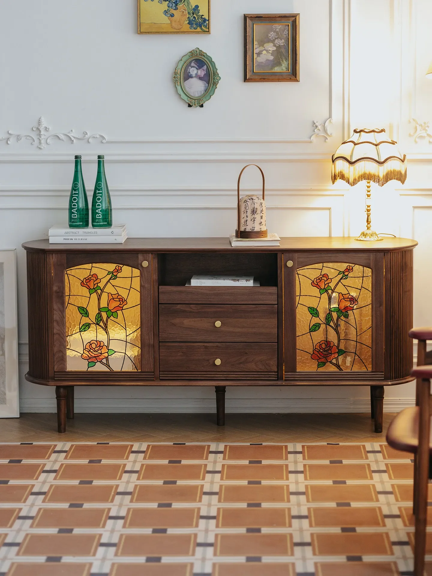 Entrance cabinet, black walnut solid wood restaurant, side cabinet, side cabinet, retro entrance chest cabinet
