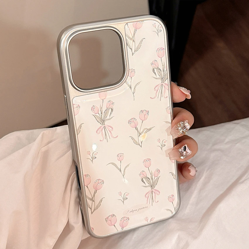 핑크 튤립 폰 케이스 아이폰 16 15 14 13 프로 12 11 맥스 플러스 16프로 전기 도금 폰 케이스 창의적인 15프로 커버 하드 쉘