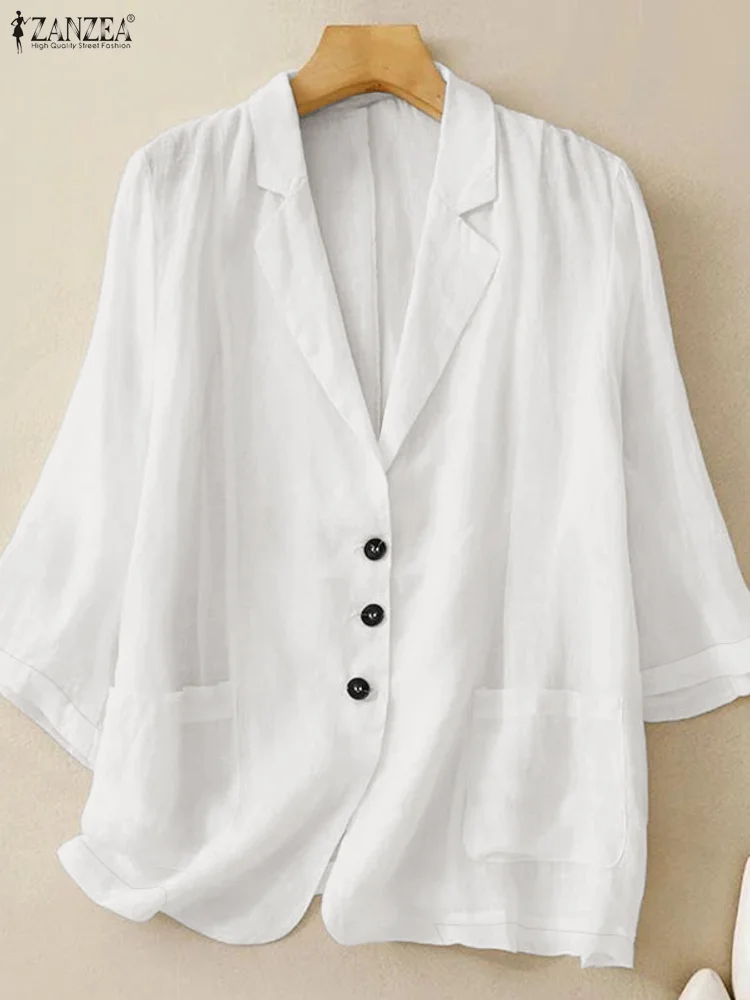 

ZANZEA Office Wear Lightweight Women Blazer Elegant Lapel Neck 3/4 Sleeve Single-Breasted Solid Color Autumn 2025 Suit Coats 3XL