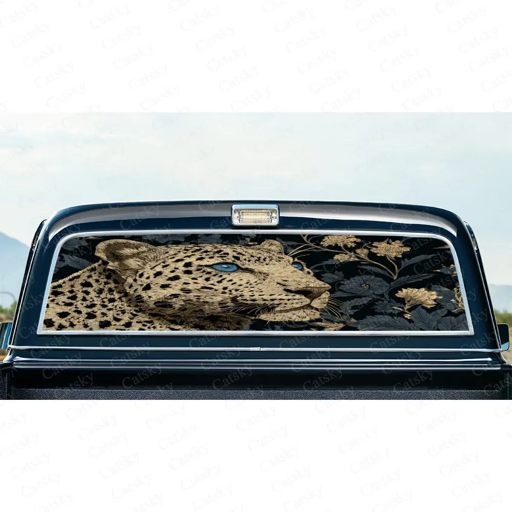 

Leopard Portrait with Wildlife-Art Fusion Style & Warm Toned Textural-Fierce Hybrid Motif Decal, Car Rear Window Sticker, Waterp