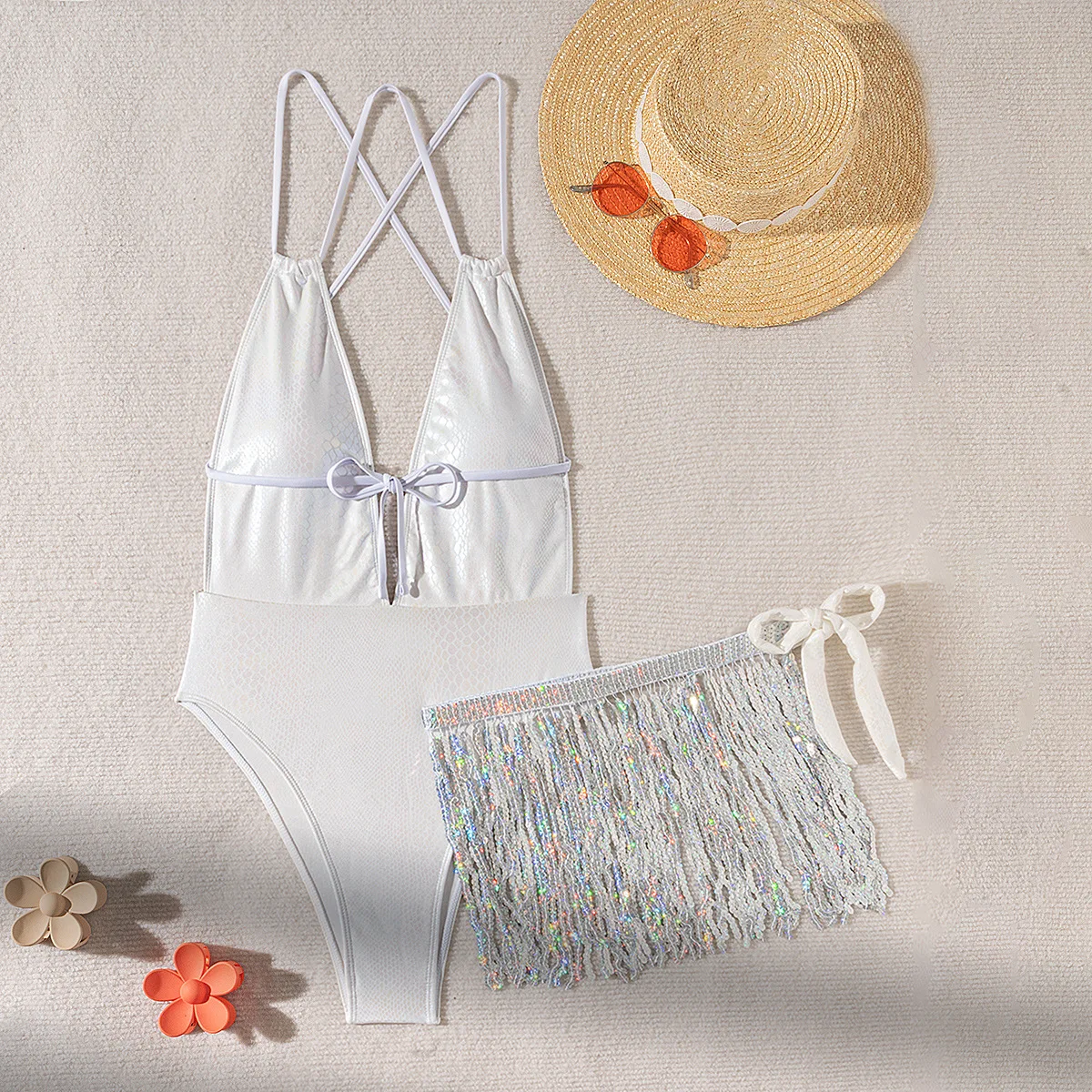 Women Halter Deep V Swimsuit Holographic Snake Print Sequin Tassel Wrap Tie Backless Monokini Beach Swimwear