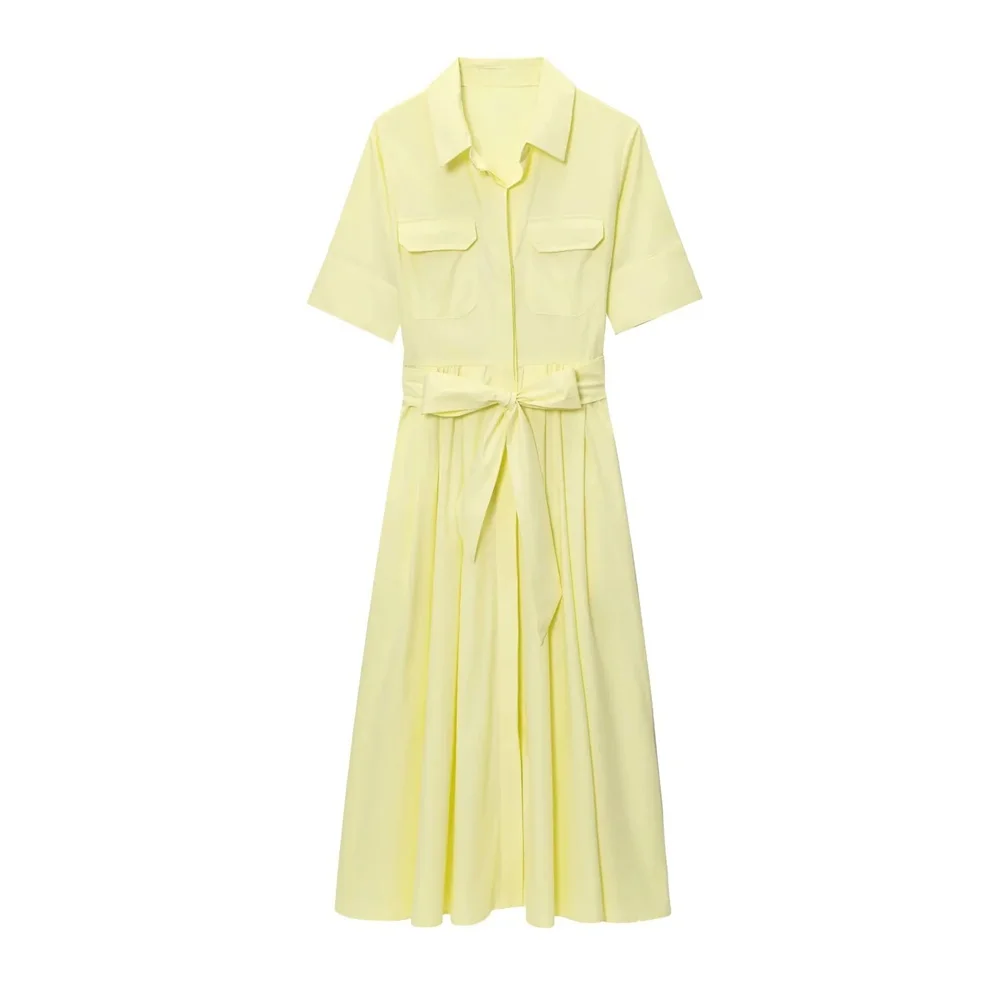 PB & ZA2025Double Pocket Lapel แขนสั้นเสื้อเรียบง่าย LACE-up Design สีทึบกระโปรงยาวฤดูร้อนผู้หญิงเสื้อผ้า