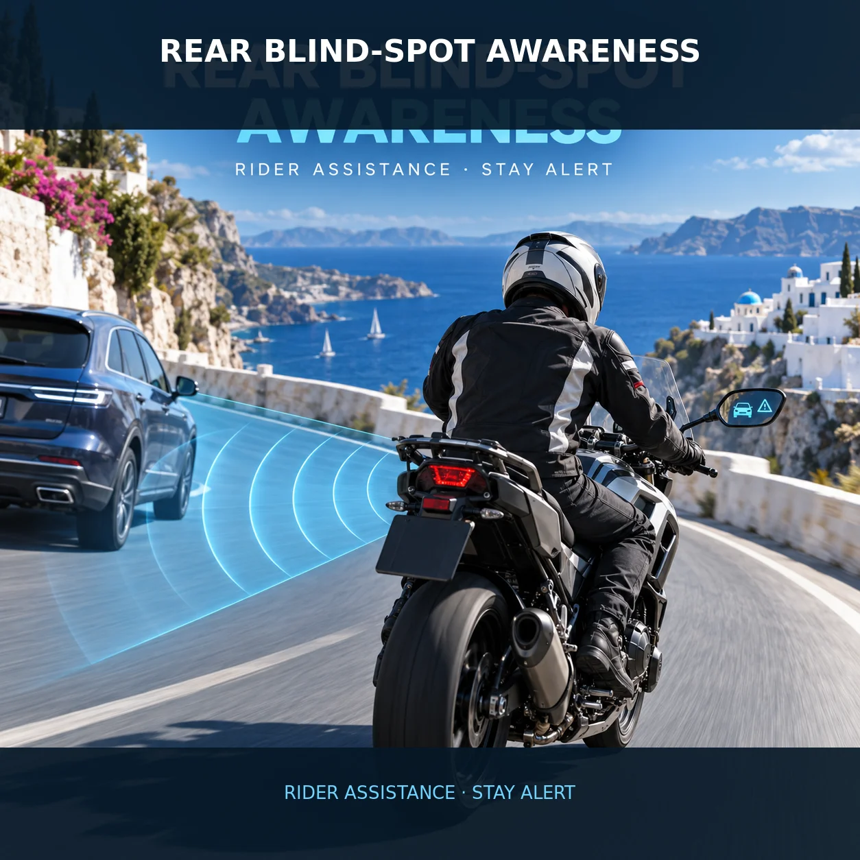 77GHz Motorcycle Rear Blind Spot Radar with Mirrored LED Alerts, BSD 8.4m, LCA 50m and Up to 70m Detection