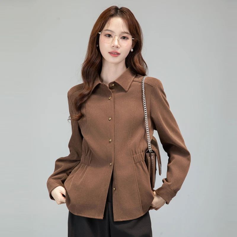 

Korean Long Sleeve Women's Slim Fit Folds Waist Autumn Winter New Blouses Vintage Thick Office Work Wear Shirts Casual Solid Top