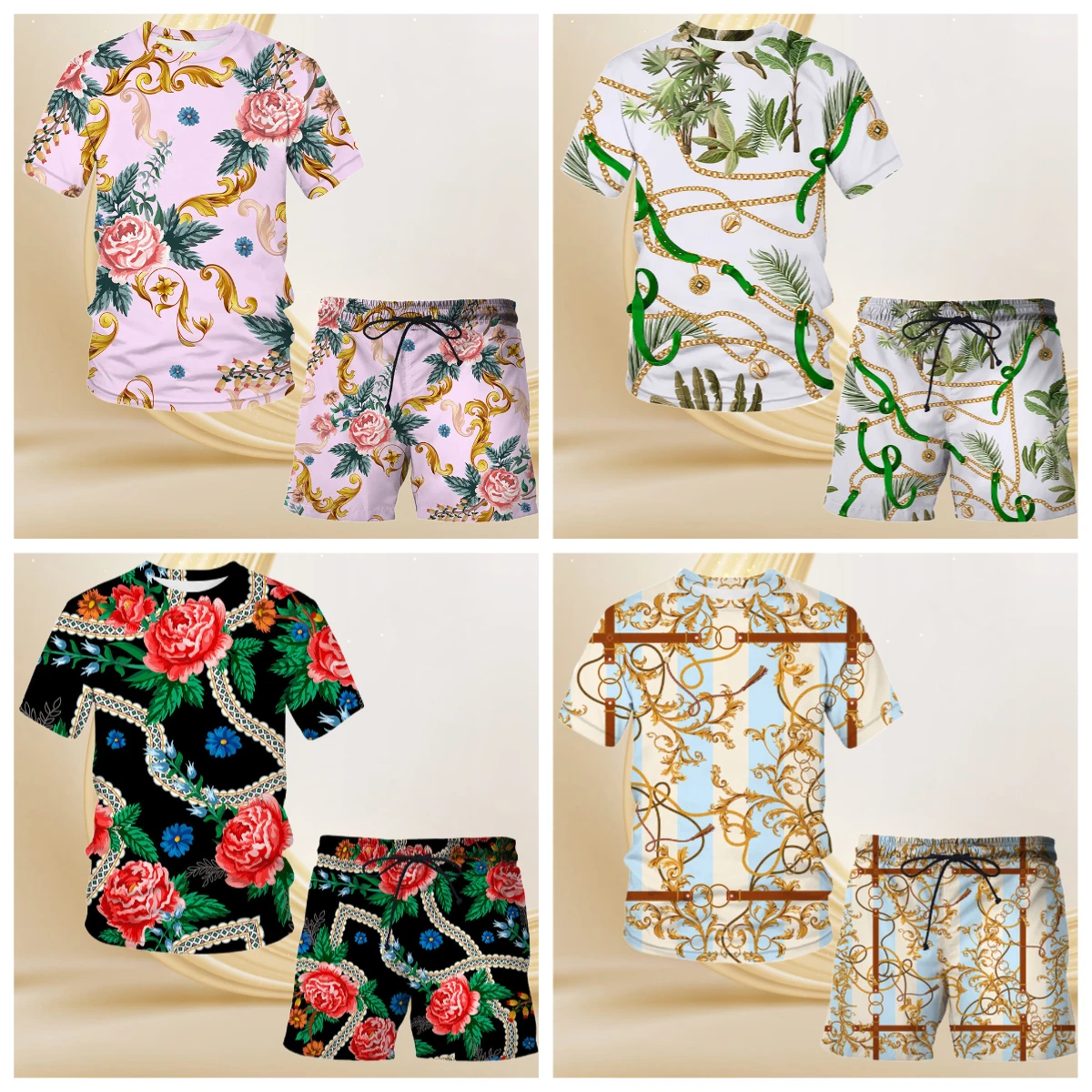 

2025/26 New Vintage Street Clothing 3D Printed Rose Pattern Personalized Loose Breathable Short Sleeve Men's Casual T-Shirt Set