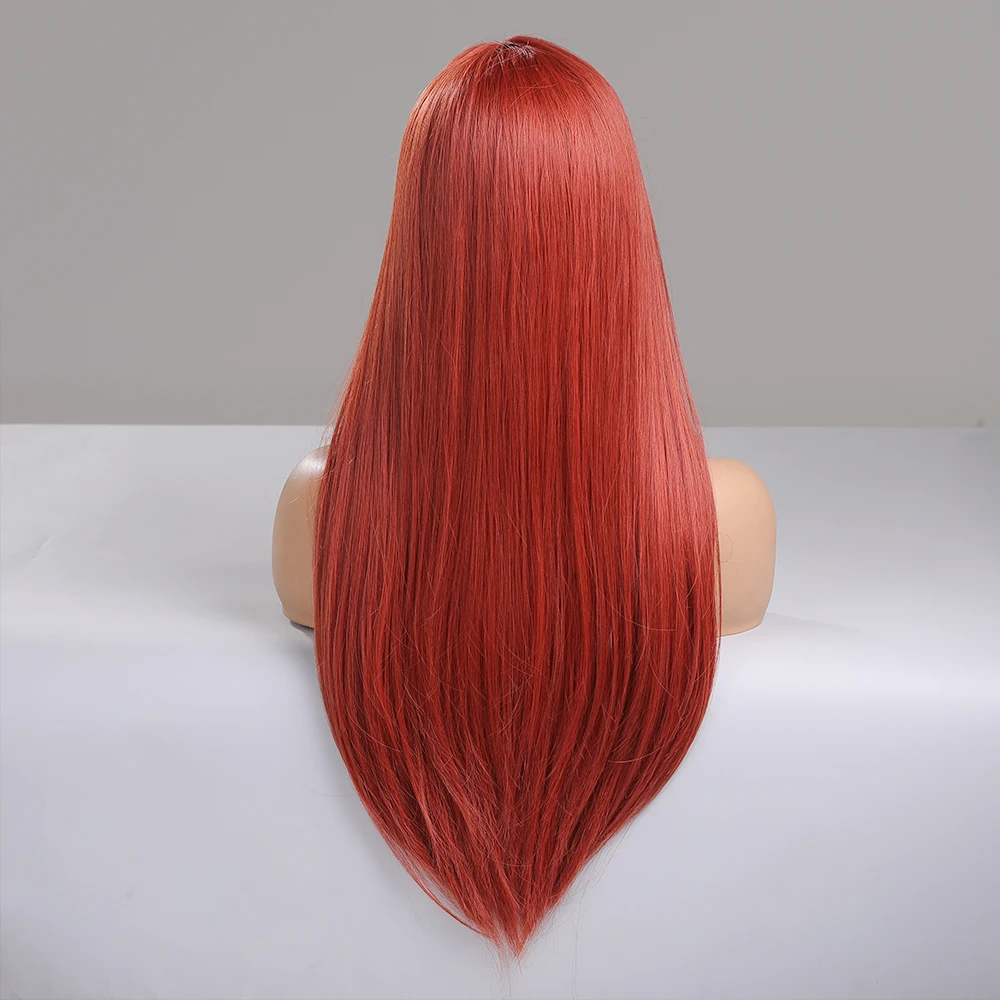 HENRY MARGU Orange Red Synthetic Wigs Long Smooth Straight Wig Auburn Hair with Bangs for Women Party Daily Use Heat Resistant