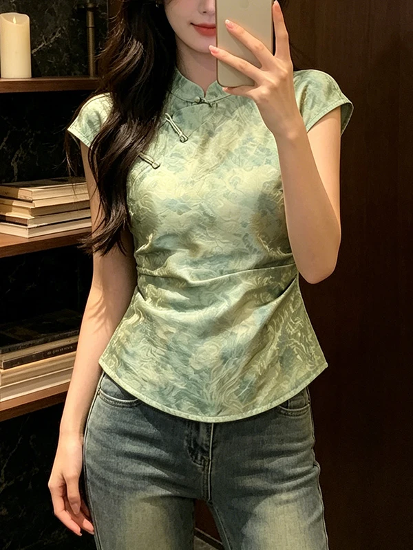 

Elegant Short Sleeve Chinese Style Shirt Women's Stand Collar Side Button Slim Fit Top Breathable Skin-Friendly Summer New