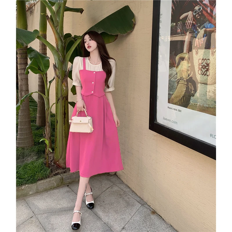 MEXZT Sweet Elegant Dress Women Patchwork Puff Short Sleeve A Line Midi Dress Korean Summer Empire Slim All Match Vestidos New