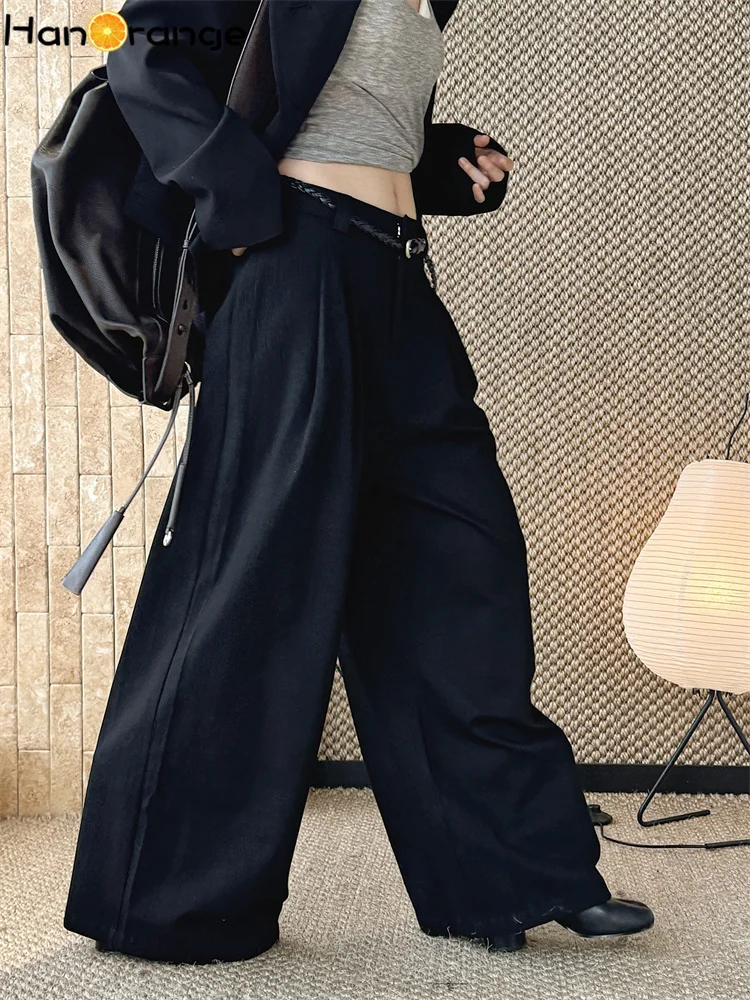 HanOrange 2026 Spring/Summer Retro Vintage Knotted Belt Linen Pants Women Loose Silhouette Long Trousers White/Black/Apricot