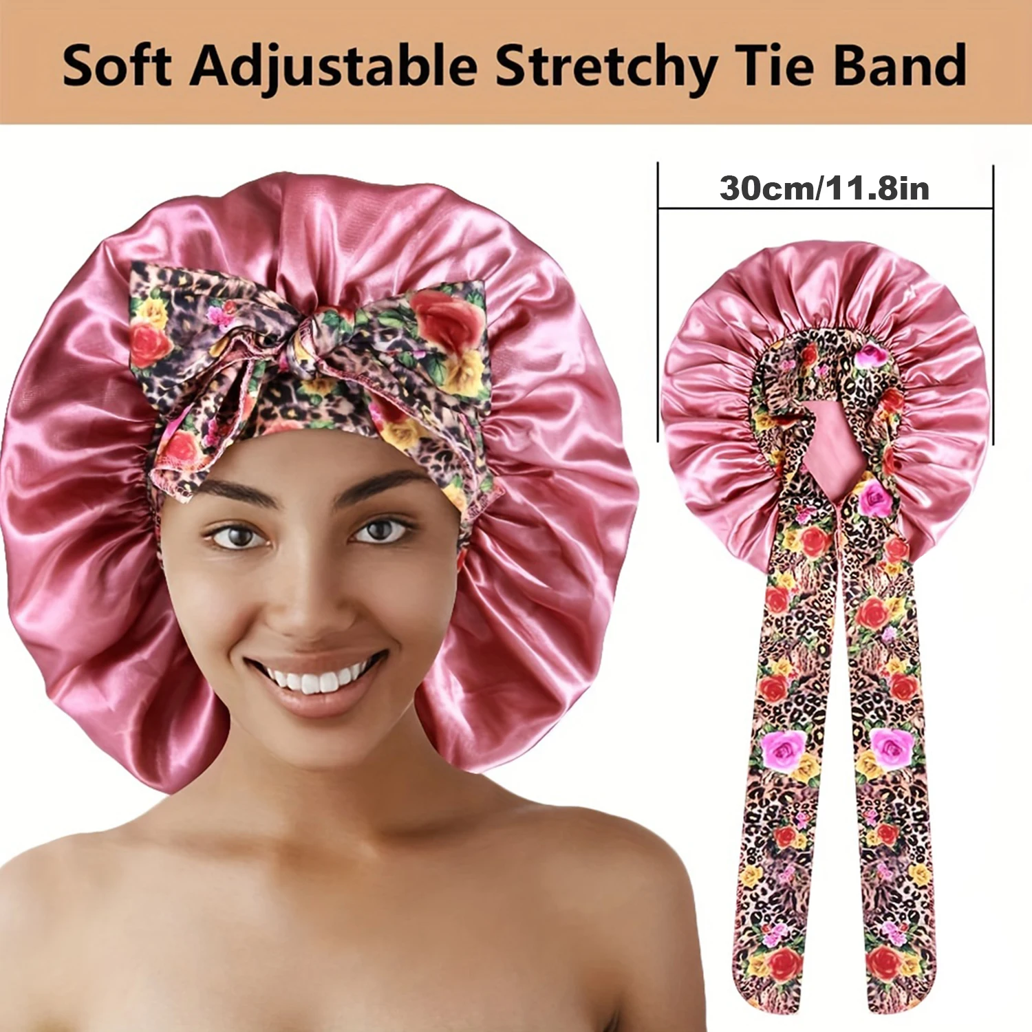 2pcs/set Elegant Satin Bonnet Flower Print Band Bowknot Sleeping Night Cap Elastic Bath Shower Cap Soft Hair Bonnets For Women G