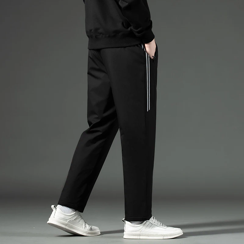 Men's Autumn Winter Solid Elastic Waist Drawstring Zipper Shirring Pockets Stripes Casual Sports Harlan Trousers Loose Pants