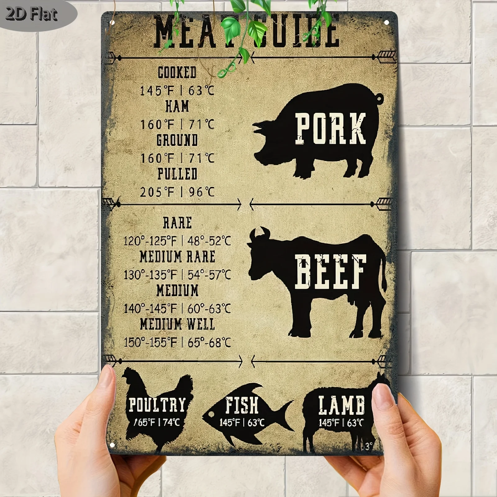 2D Flat, Vintage Iron Meat Cooking Temperature Guide Chart Poster - European Rustic Wall Art for Home Kitchen, BBQ & Outdoor Dec