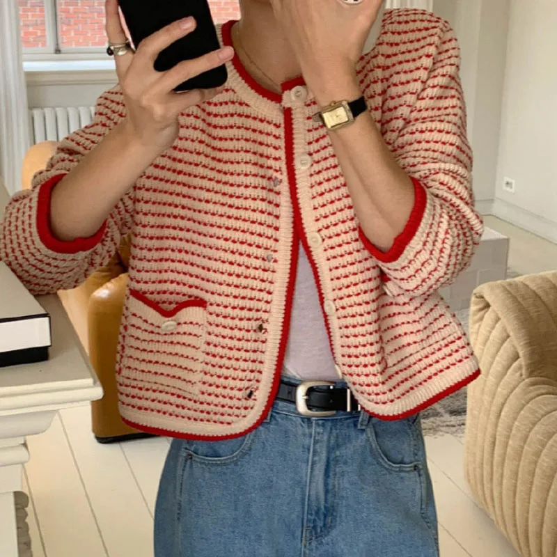 Cárdigan de punto a rayas de Color contrastante para mujer, suéter Retro elegante con temperamento francés y cuello redondo, abrigo cálido elegante de otoño