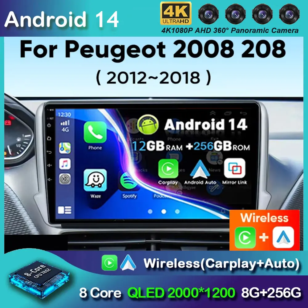 Android 14 Car Radio For Peugeot 2008 208 2012 - 2018 Multimedia Player Navigation GPS Wireless Carplay Android Auto Stereo