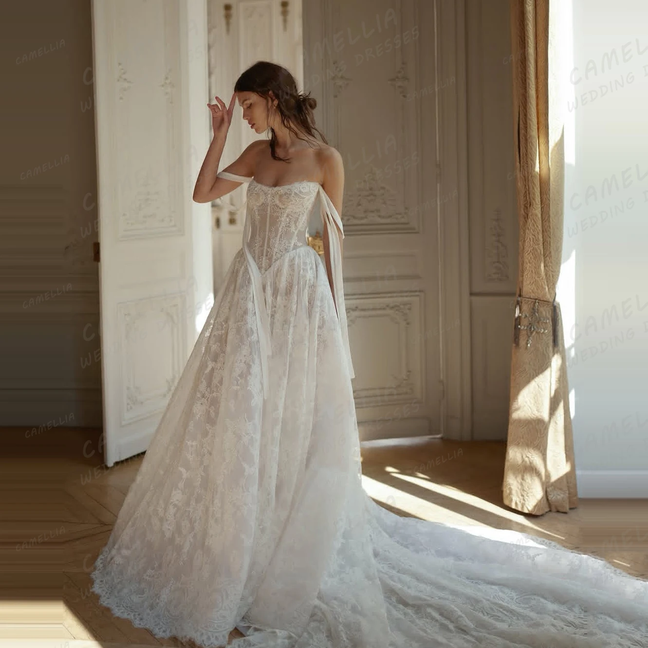 Graceful Boho Lace Appliques Wedding Dresses A i Line Sleeveless Boat Neck Backless Bride Gowns Satin Customized Vestidos De Noche